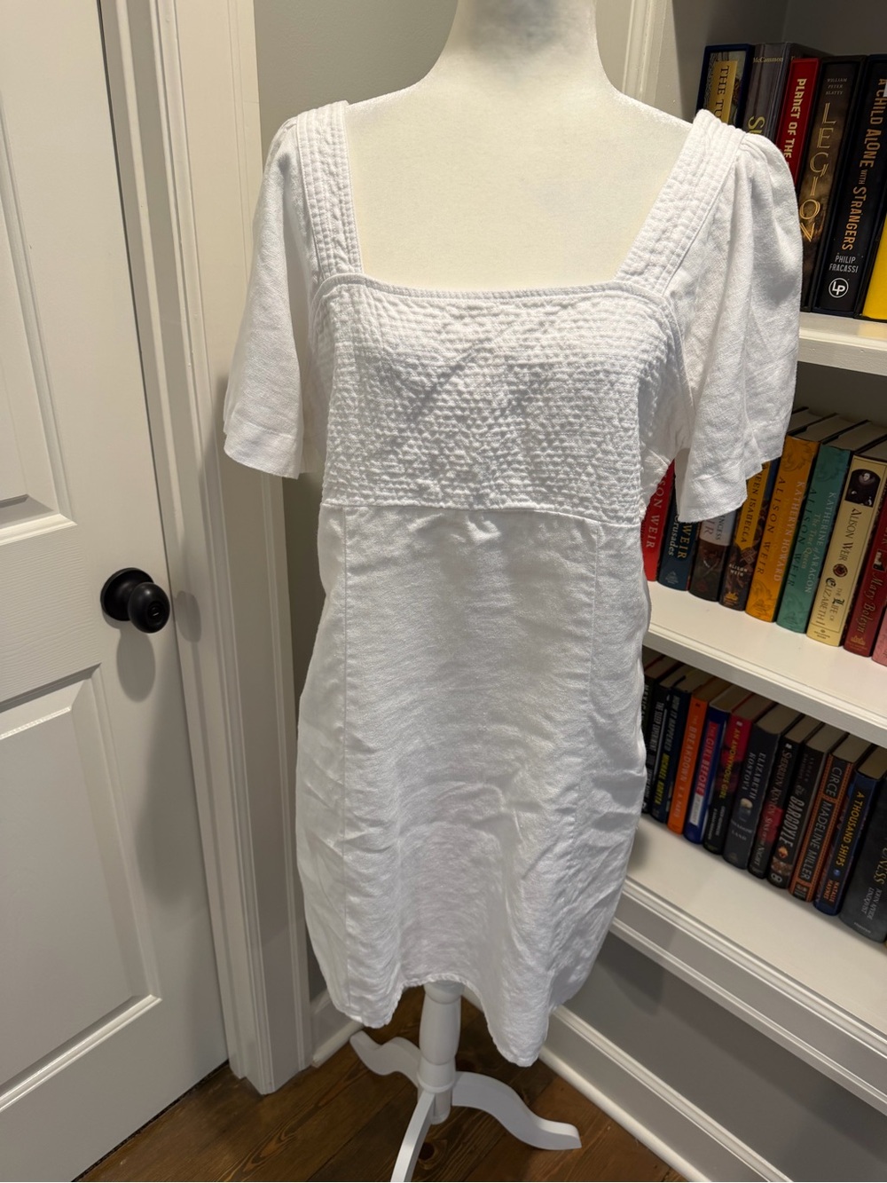 Madewell White Linen Textured Square-Neck Midi Dress